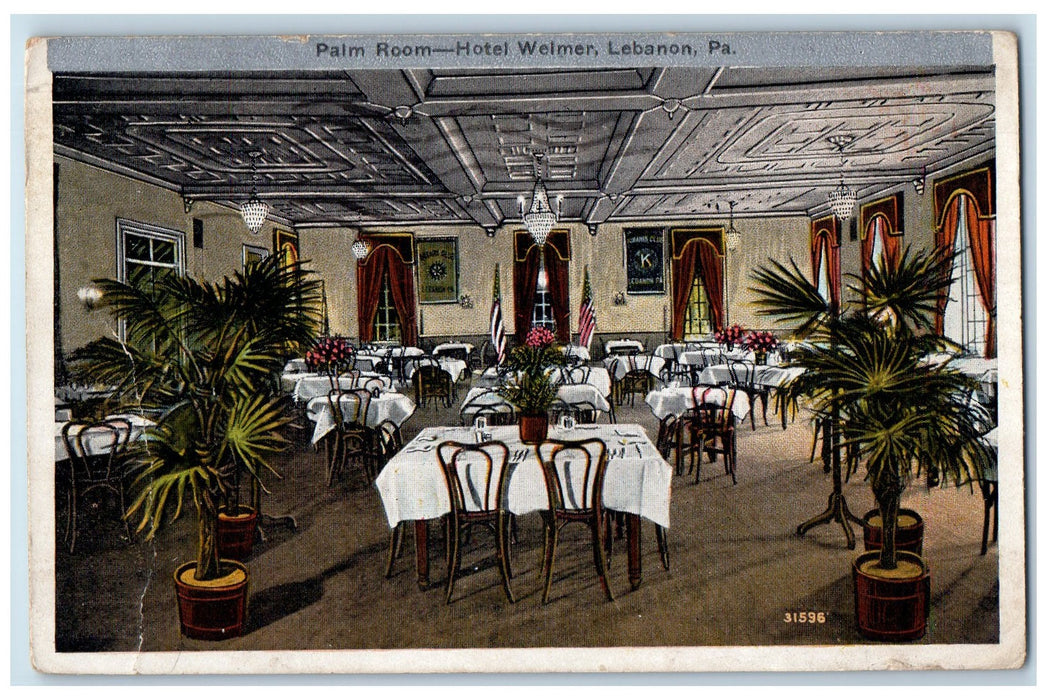 1935 Palm Room Hotel Weimer View Restaurant Lebanon Pennsylvania PA Postcard