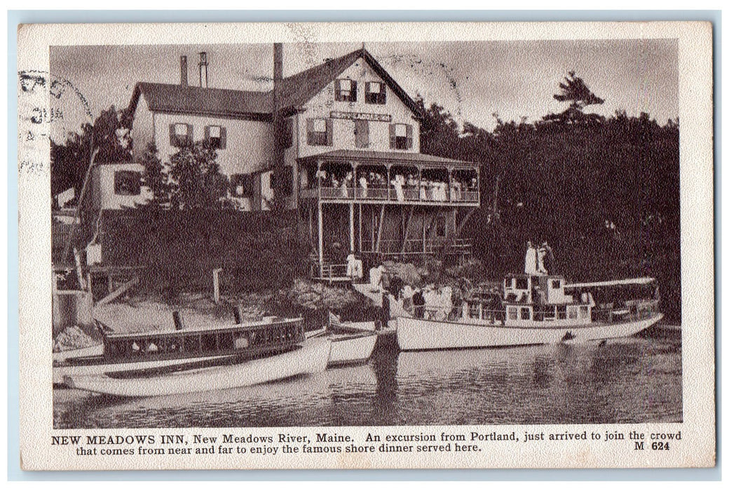 1911 The New Meadows Inn Restaurant Passenger Boat New Meadow River ME Postcard