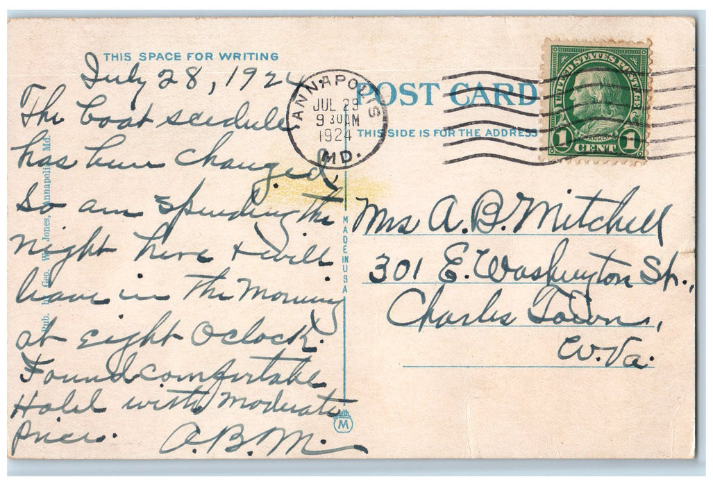 1924 St Ann's Church View Gated Fence Clock Annapolis Maryland MD Postcard