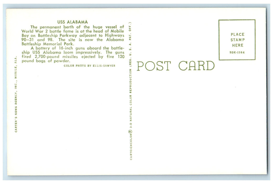 c1960's USS Alabama Huge Vessel Of World War 2 Battle Mobile Alabama AL Postcard