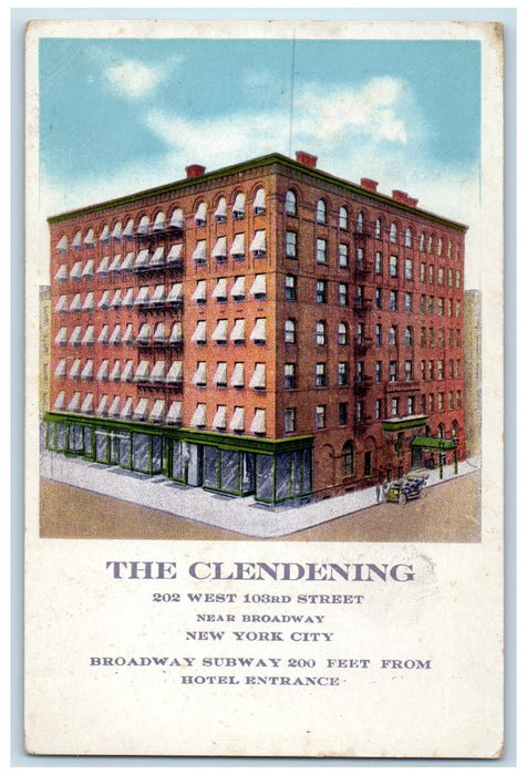 c1920's The Clendening Hotel Restaurant 103rd Street Broadway Subway NY Postcard