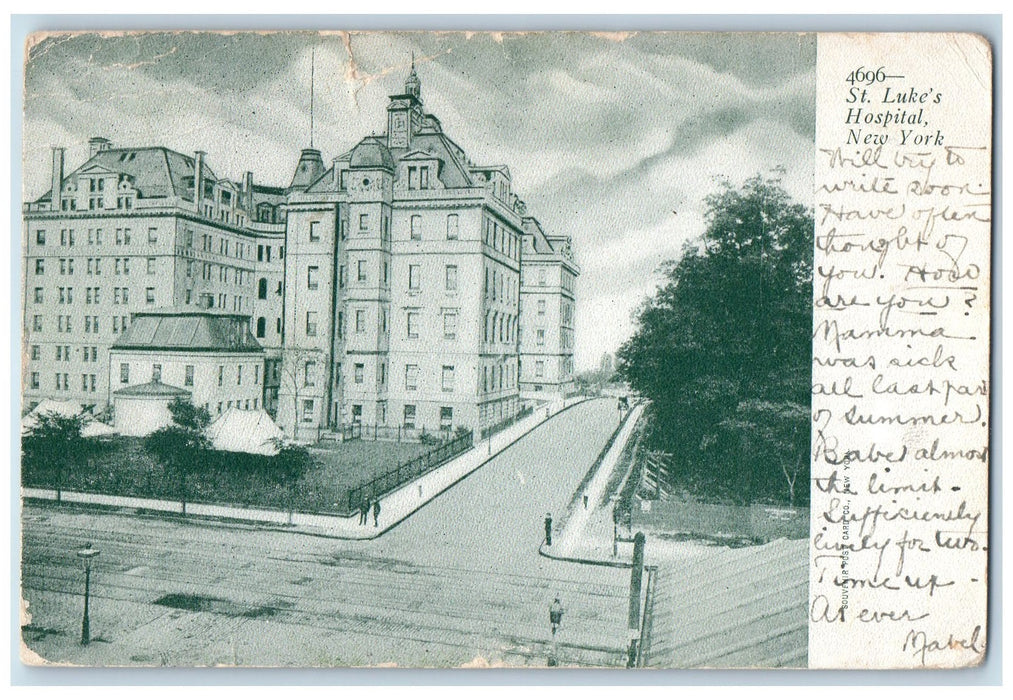 1908 St. Luke Hospital Building Rail Train Red Light Post New York NY Postcard