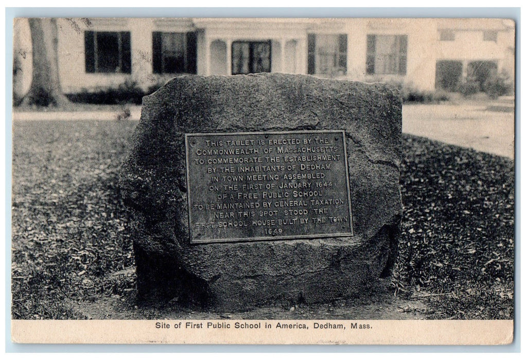 1911 Site Of First Public School In America Stone Plaque Dedham MA Postcard