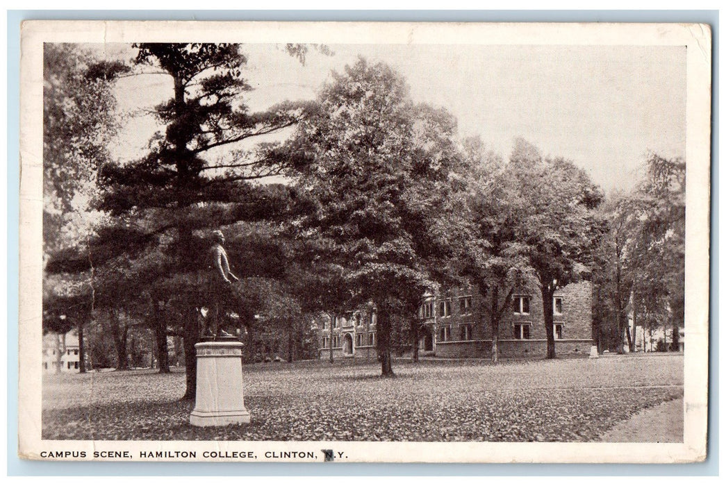 1939 Campus Scene Hamilton College Statue Building Clinton New York NY Postcard