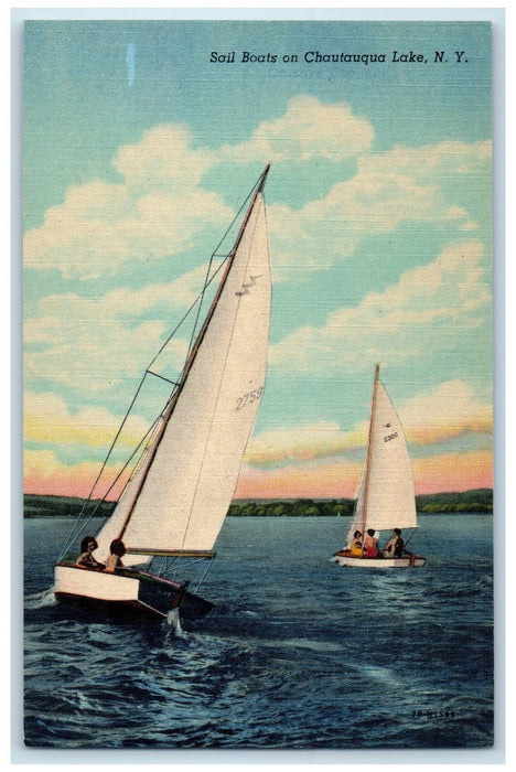 c1940's Sail Boats Tourist Sailing On Lake Chautauqua New York NY Postcard