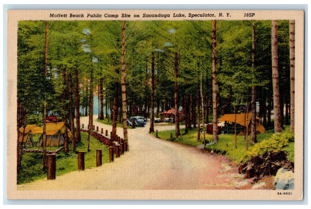 c1940 Moffett Beach Public Camp Site Tents Sacandaga Lake Speculator NY Postcard