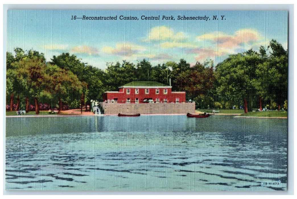 c1940 Reconstructed Central Park Casino Lake Canoe Boat Schenectady NY Postcard