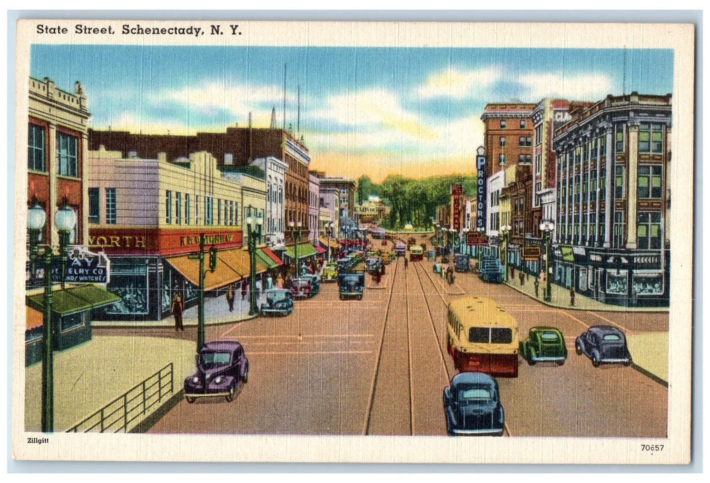 c1940 State Street Rail Train Establishment Classic Cars Schenectady NY Postcard