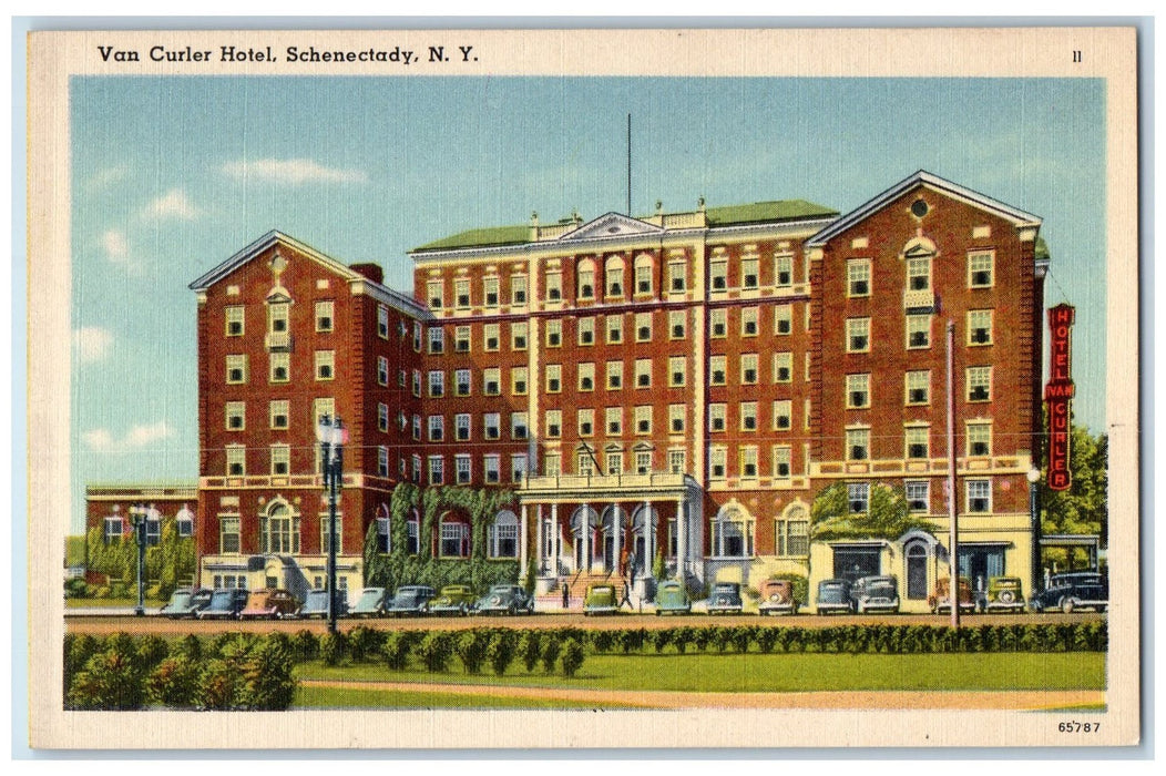 c1940 Van Curler Hotel Restaurant Entrance Classic Cars Schenectady NY Postcard