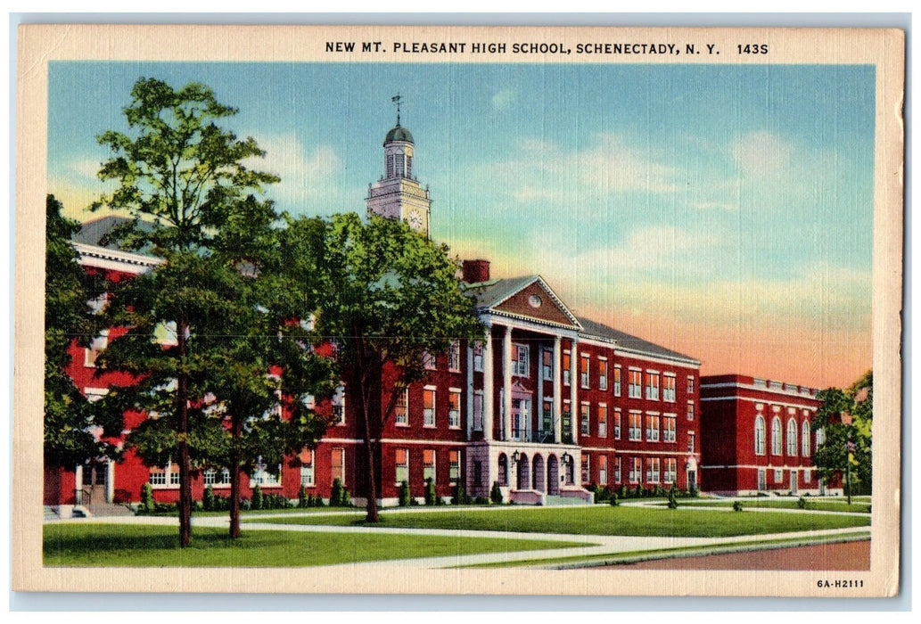 C1940 New Pleasant High School Building View Arrow Clock Schenectady NY Postcard