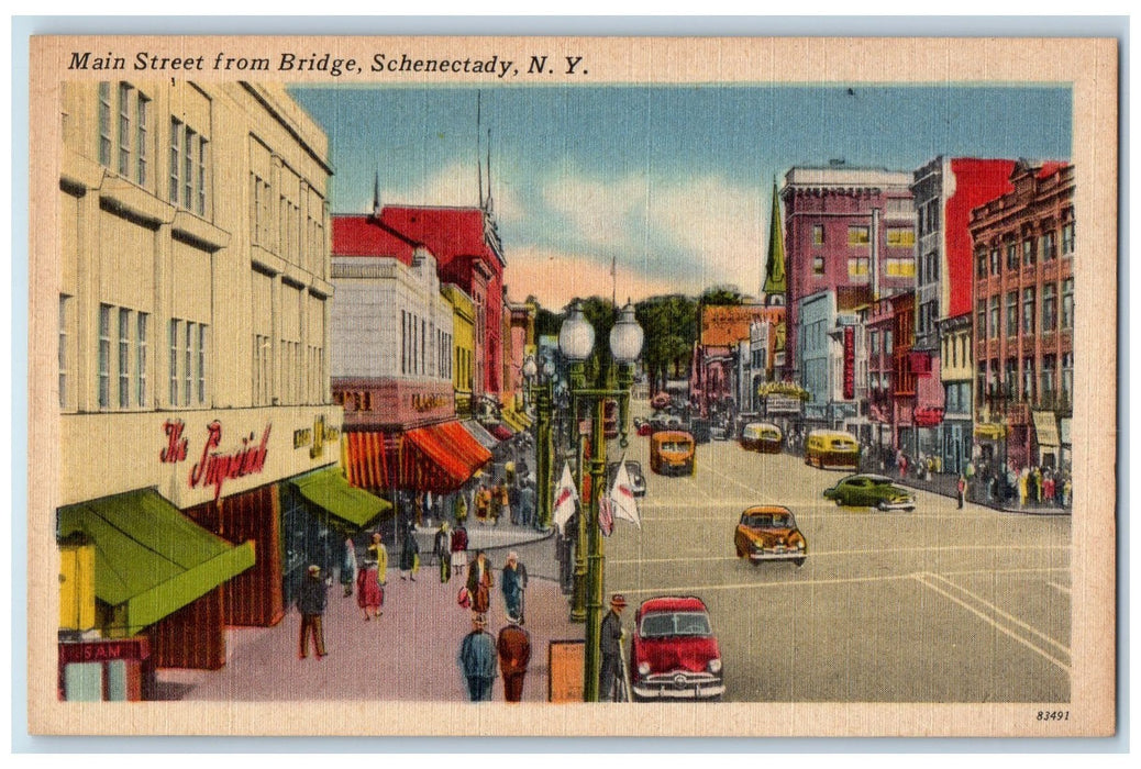 C1940 Main Street From Bridge Classic Car Bus Buildings Schenectady NY Postcard