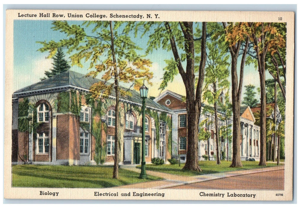 C1940 Lecture Hall Row Union College Building Post Lamp Schenectady NY Postcard