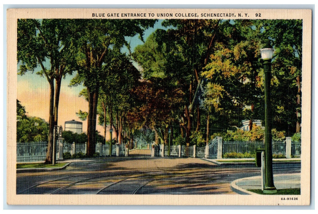 C1940 Blue Gate Entrance Union College Rail Lamp Post Schenectady NY Postcard