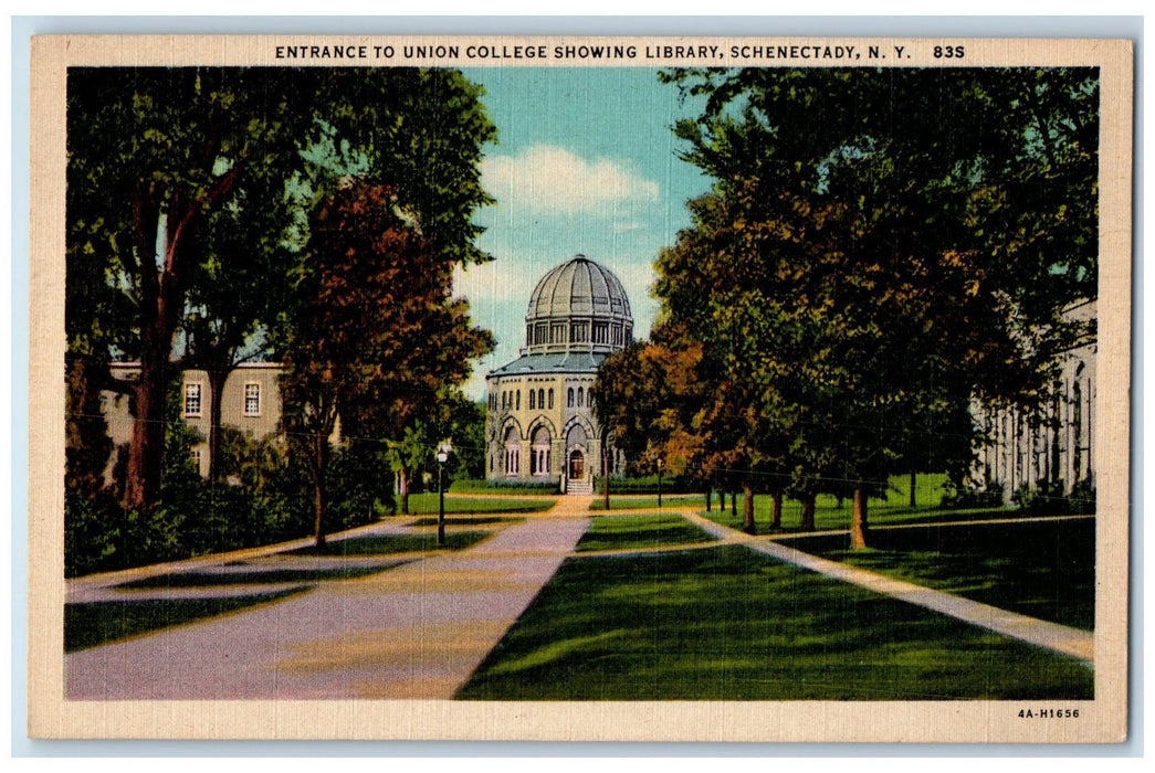 C1940 Entrance Union College Library Building Pathway Schenectady NY Postcard