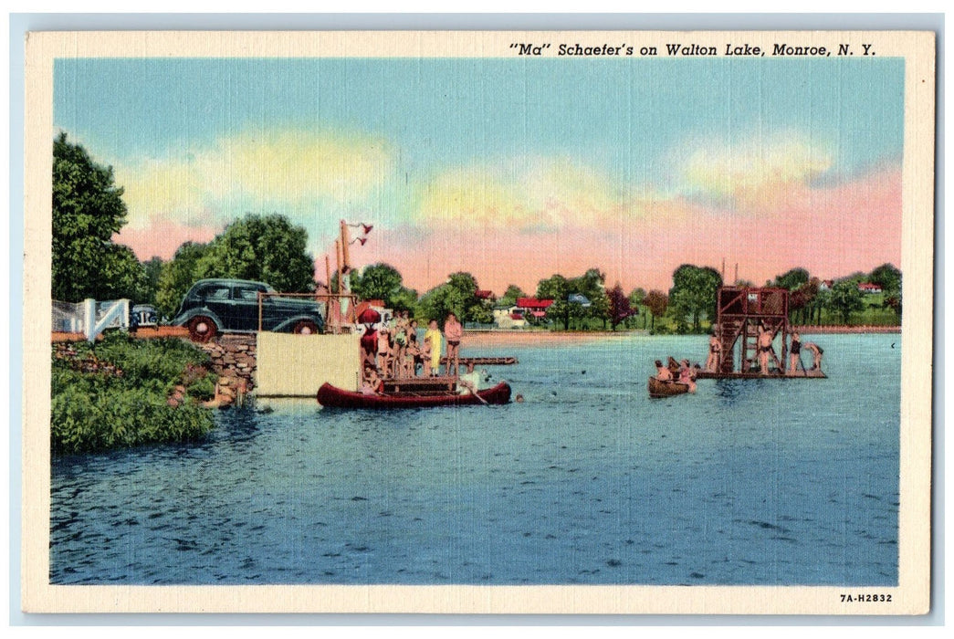 C1940's Ma Schaefer's Walton Lake Tourist Canoe Boat Raft Car Monroe NY Postcard