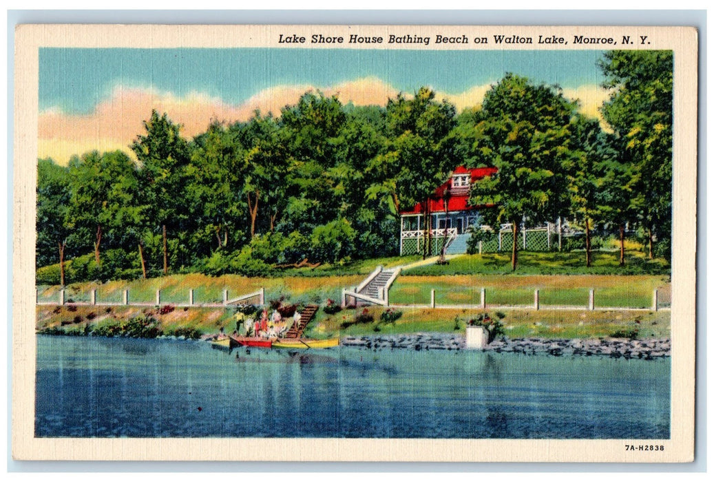 C1940's Lake Shore House Bathing Beach Walton Lake Boating Monroe NY Postcard