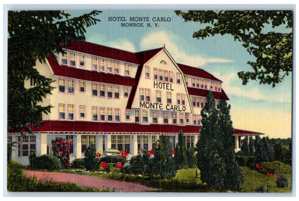 C1940 Hotel Monte Carlo View Restaurant Table Chair Umbrella Monroe NY Postcard