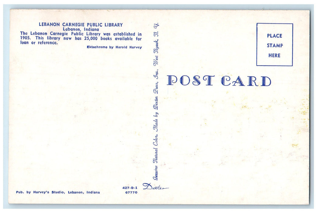 c1950 Lebanon Carnegie Public Library Entrance View Chimney Lebanon IN Postcard