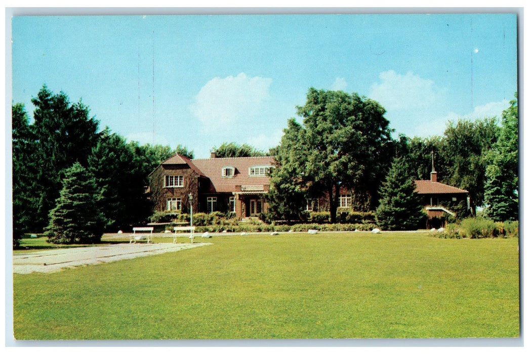 c1950 Ulen Country Club Entrance Restaurant Ground Bench Lebanon IN Postcard