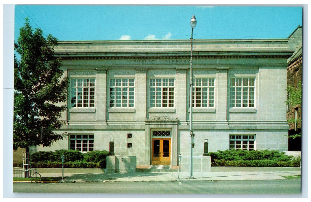 c1950's Public Library Entrance View Roadside Street Lamp Logansport IN Postcard