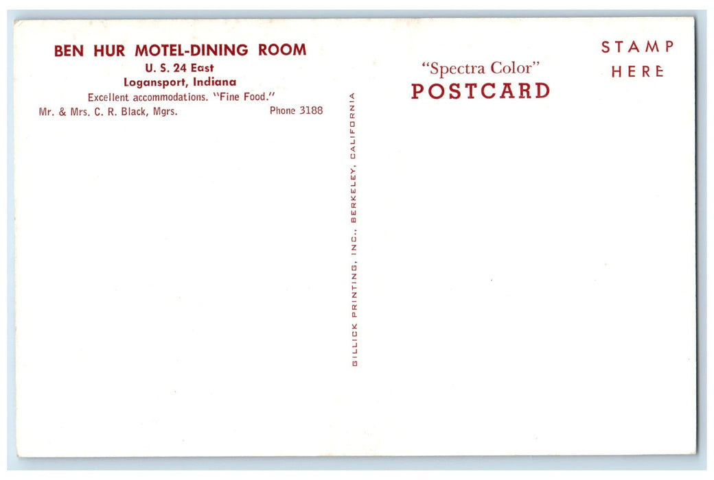 c1950's Ben Hur Motel Dining Room Restaurant Classic Cars Logansport IN Postcard