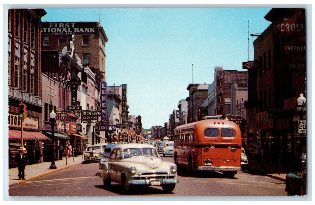 c1950 Traffic On the Move Classic Cars Bus Establishment Richmond IN Postcard