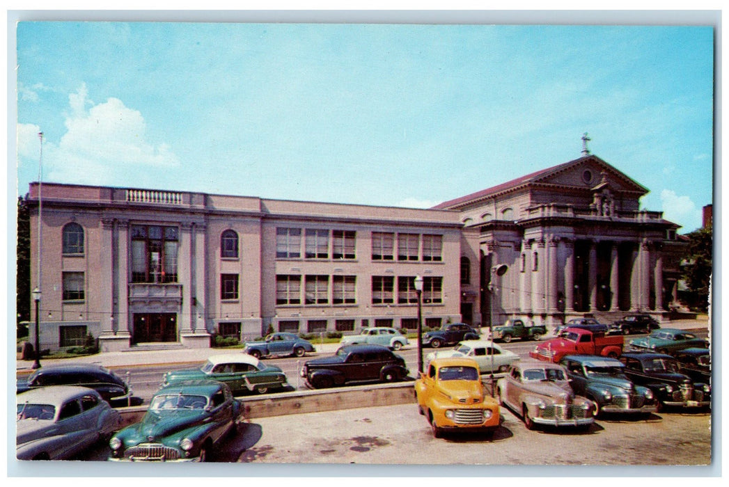 c1950's St. Mary Catholic Church Classic Cars Front View Richmond IN Postcard