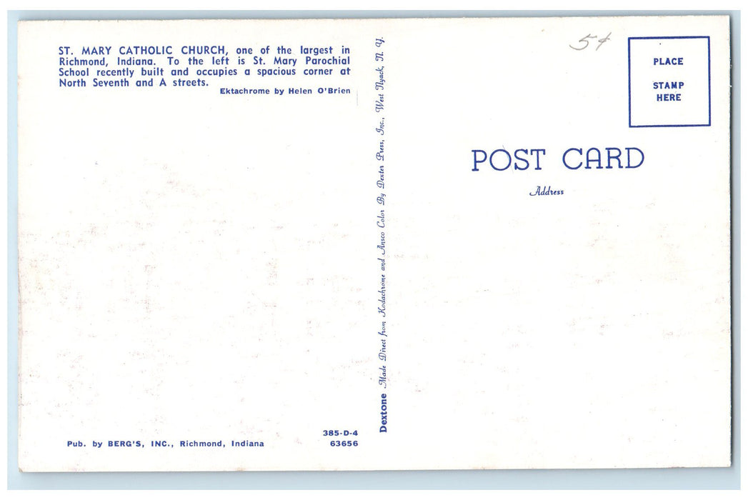 c1950's St. Mary Catholic Church Classic Cars Front View Richmond IN Postcard