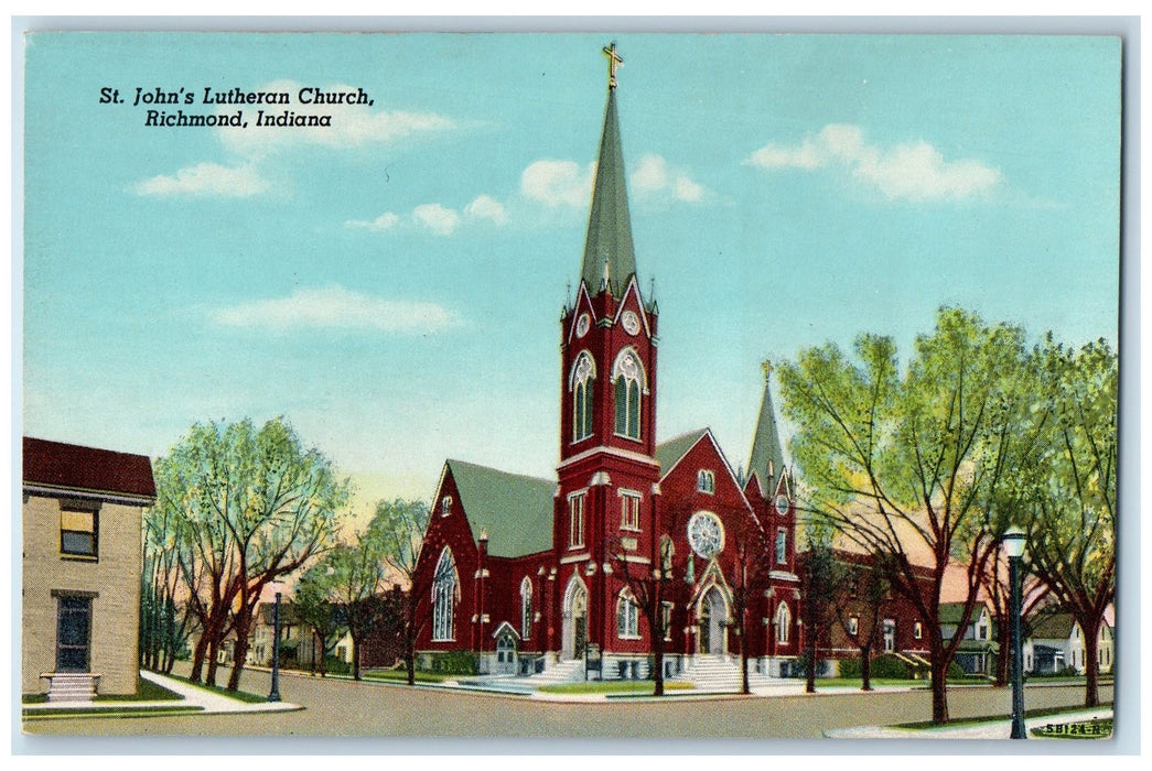 c1950's St. John's Church Building View Street Light Cross Richmond IN Postcard