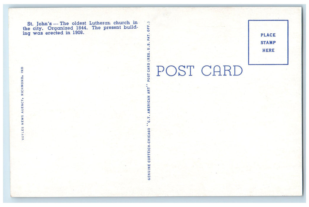 c1950's St. John's Church Building View Street Light Cross Richmond IN Postcard
