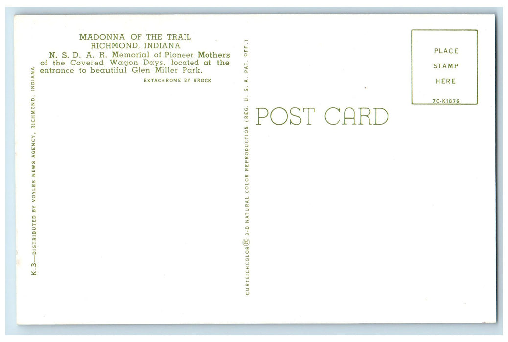 c1950 Madonna Of The Trail Mother Children Statue Monument Richmond IN Postcard