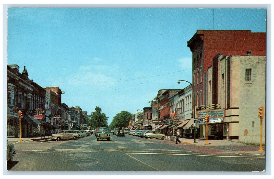 1958 Greetings From Plymouth Michigan Street Indiana IN Posted Cars Postcard