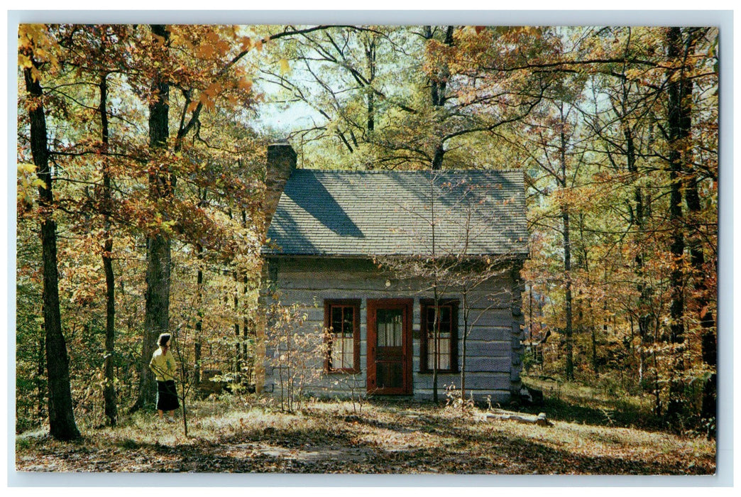 c1960's Log Cabin Exterior Scene Brown County Indiana IN Unposted Woman Postcard