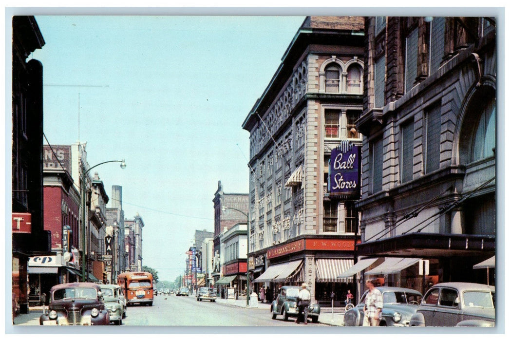 c1960's Walnut Street Looking North Muncie Indiana Unposted Ball Stores Postcard