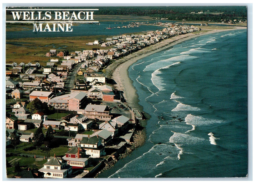 1992 Greetings From Wells Beach Houses Street Sailboat Cars Maine Postcard