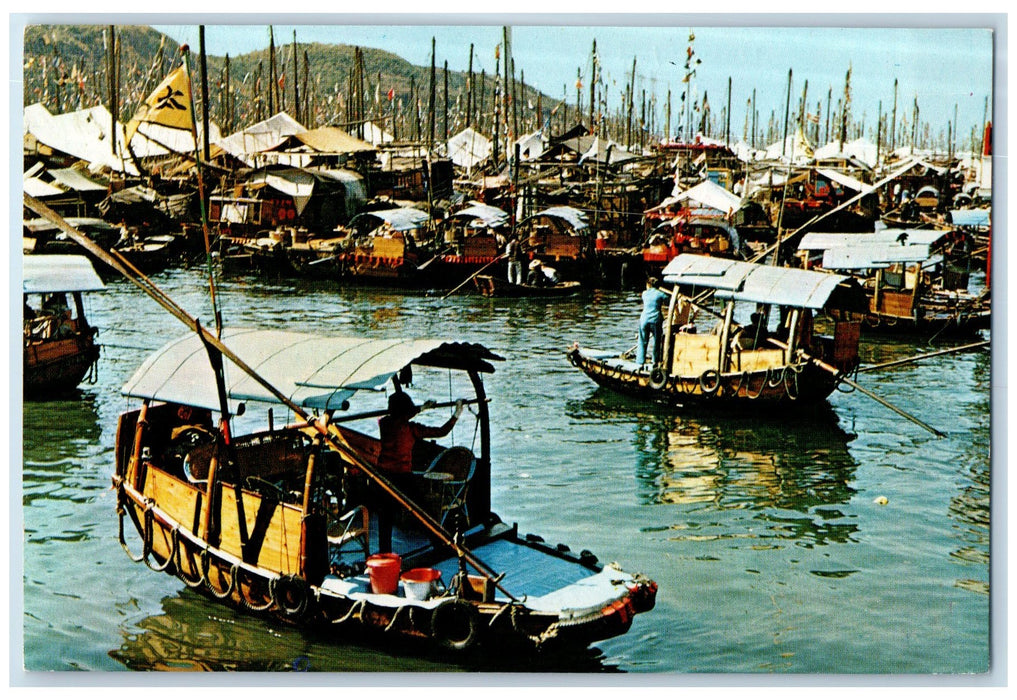 1986 Floating People Typhoon Shelter Boat Transportation Hong Kong HK Postcard