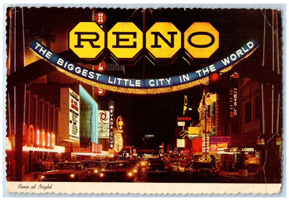 1977 Reno At Night Famous Lighted Arch Club Restaurant Classic Cars NV  Postcard