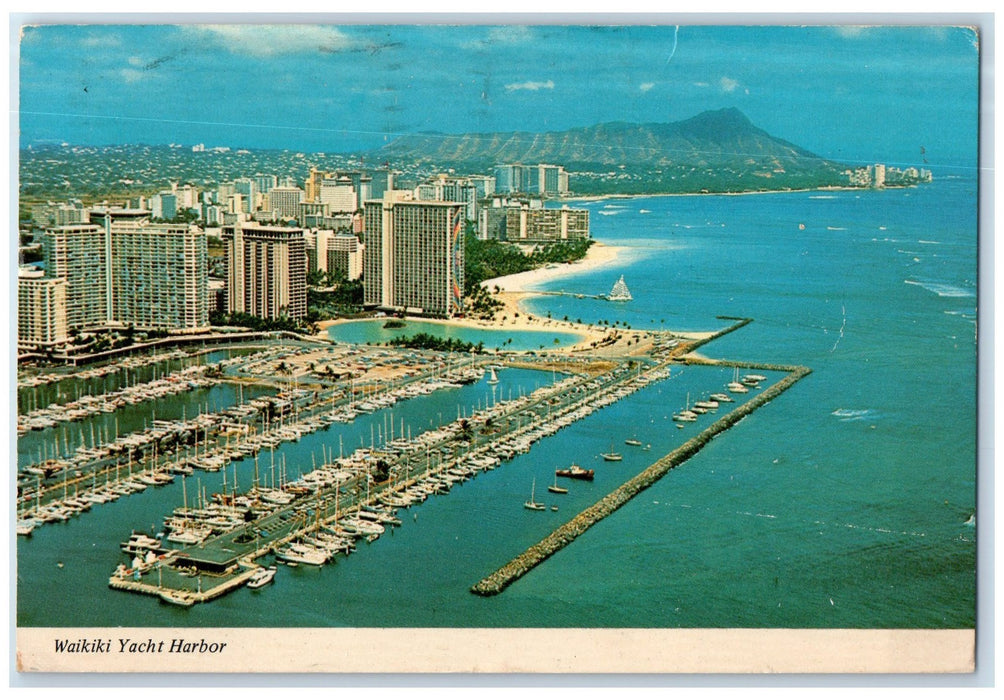 1974 Waikiki Yacht Harbor Sailboat Docked Restaurant Buildings Hawaii Postcard