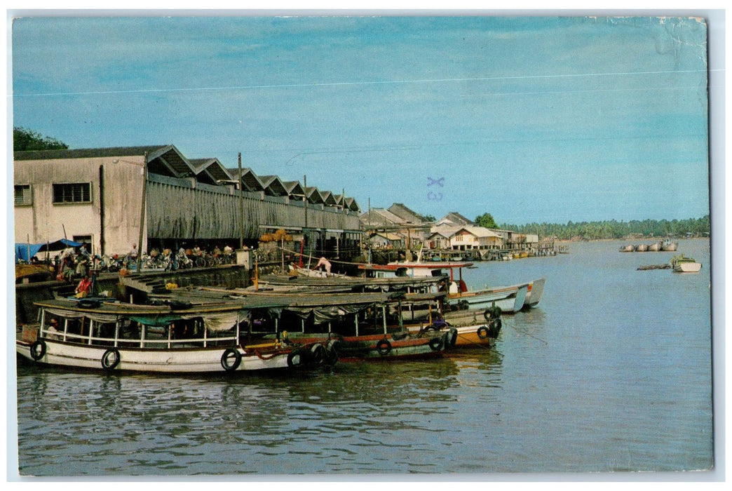 1981 A Jetty Fisherman Boat Central Market Kuala Trengganu Malaysia MY Postcard