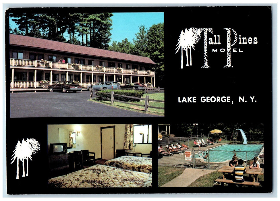 c1960 Tall Pines Motel Restaurant Bedroom Classic Car Lake George NY Postcard