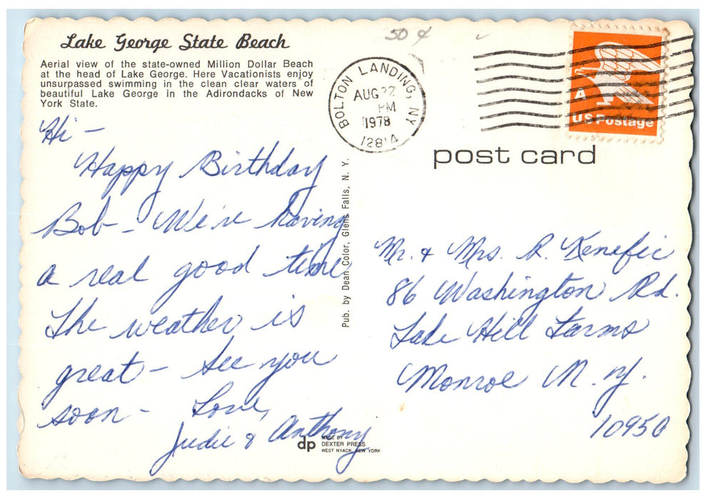 1978 Lake George State Beach Aerial View Sailboat Boating Tourist NY Postcard