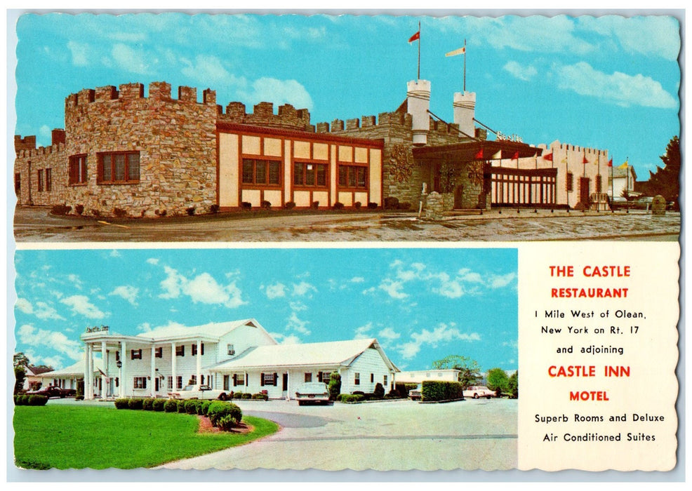 c1960 Castle Restaurant Inn Motel Classic Cars Flags Olean New York NY Postcard