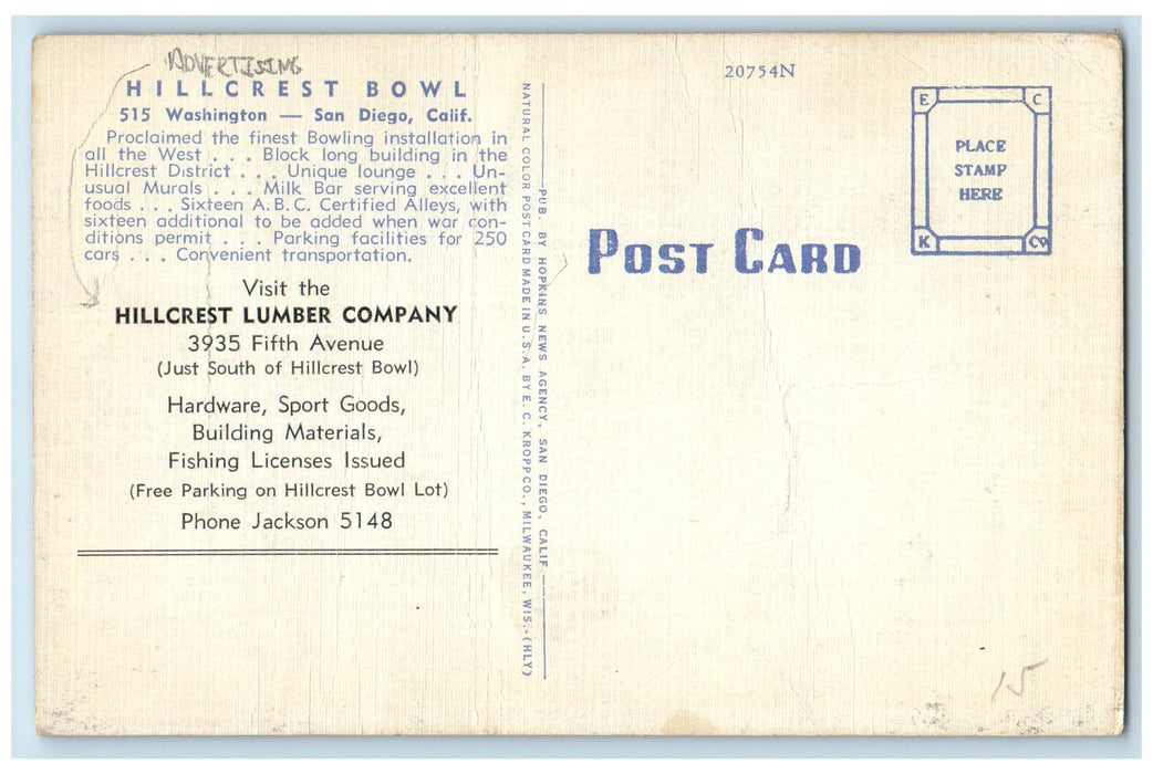 c1960 Hillcrest Bowl Forest Officer San Diego California CA Advertising Postcard