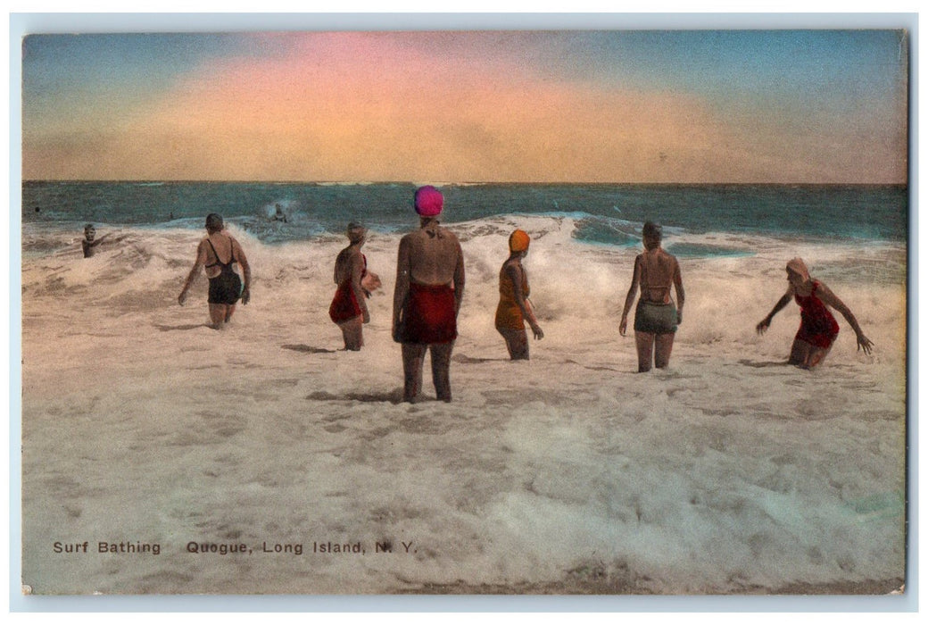 1936 Surf Bathing Waves Beach Swimming Quogue Long Island New York NY Postcard