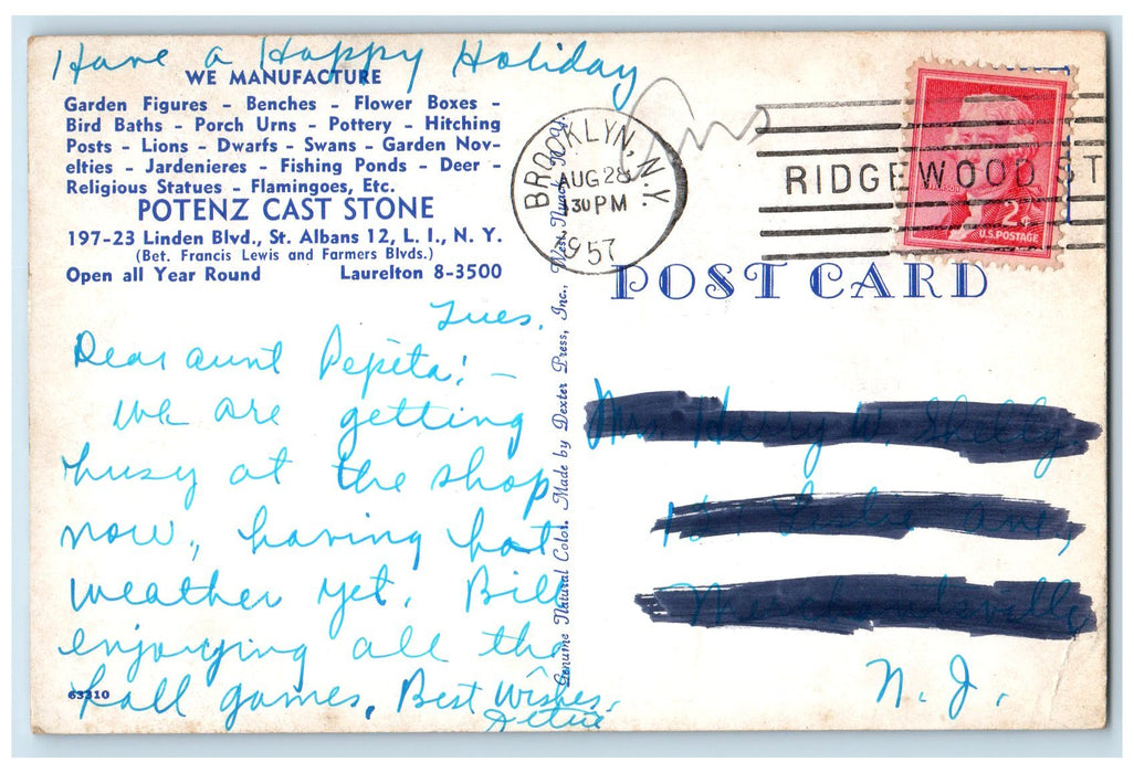 1957 Potenz Cast Stone Garden Ornaments Statues Long Island New York NY Postcard