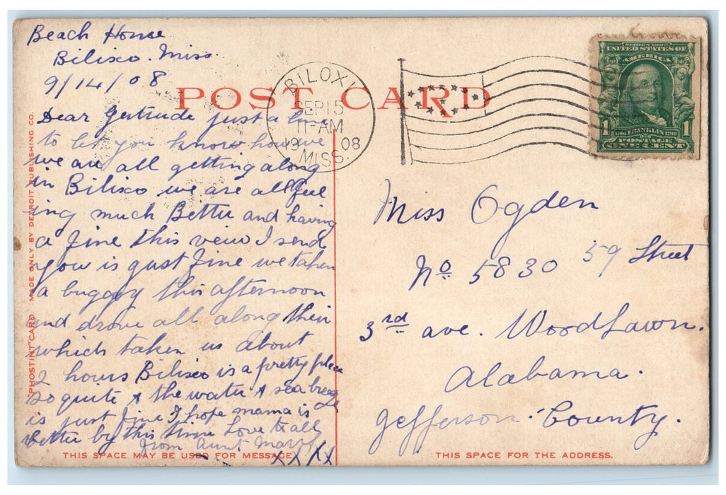 1908 Back Bay Shell Road Scene Biloxi Mississippi MS Posted Vintage Postcard