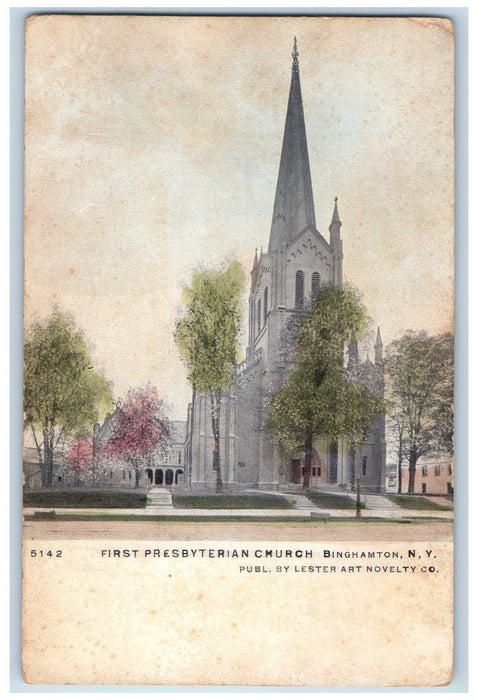 c1905 First Presbyterian Church Stairs Entrance Dirt Road Binghamton NY Postcard