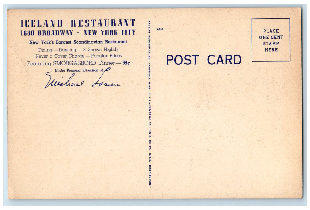 c1950's Iceland Restaurant Bar Shows Broadway New York NY Advertisement Postcard