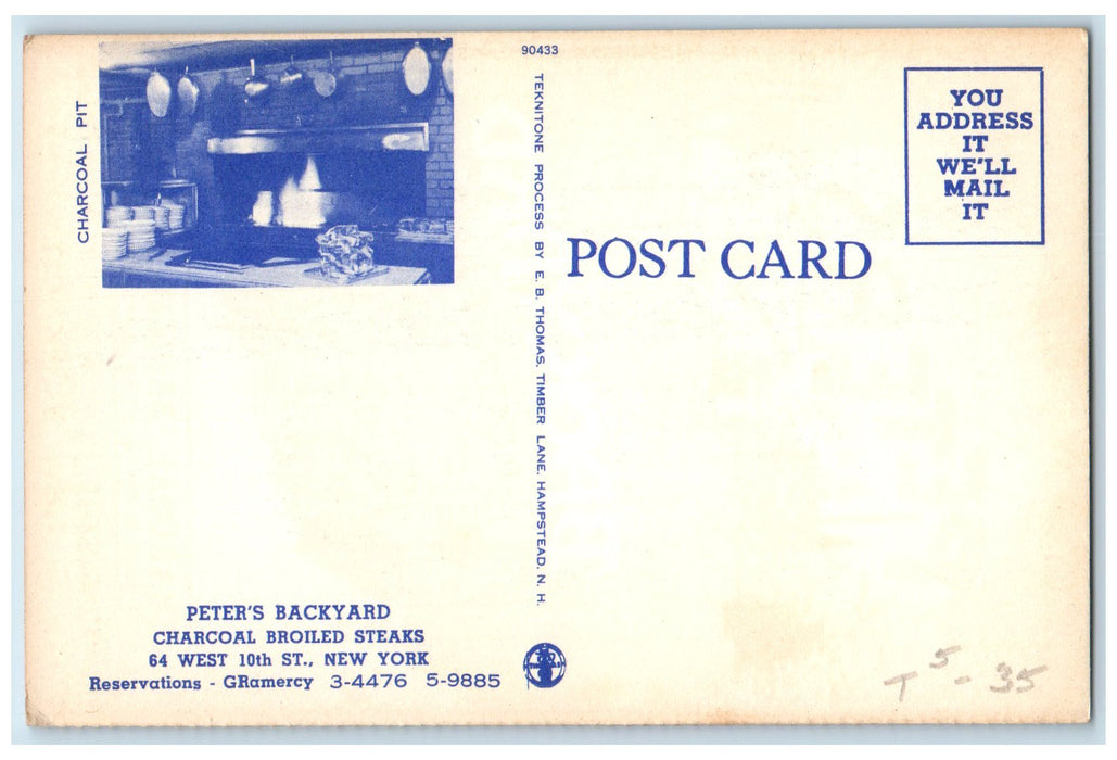 c1950's Peter's Backyard Steak Restaurant West 10th Street New York NY Postcard