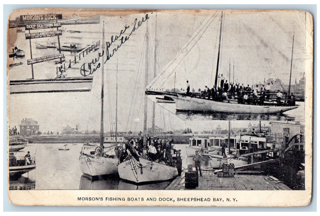 1913 Morson's Fishing Boats Dock Composite Views Sheepshead Bay NY Postcard